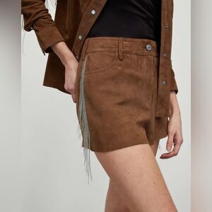 NEW ALLSAINTS Tarly Suede Beaded Fringe Shorts Light Brown Size 12
